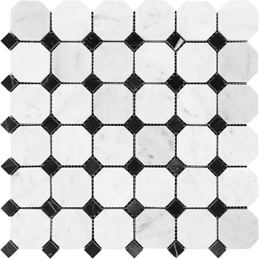 Carrara White Octagon with Black Dot Mosaic