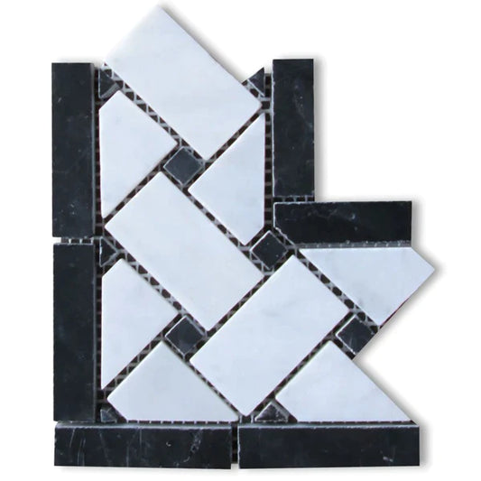 Carrara White Basketweave with Black Dot Corner Border