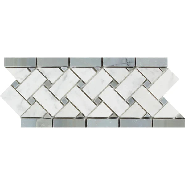 Carrara White Basketweave with Grey Dot Border