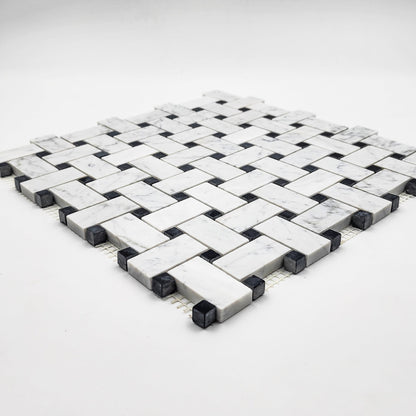 Carrara White Basketweave with Black Dot Mosaic