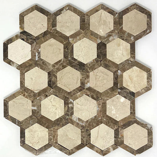 Crema Marfil Hexagon 2" Vortex with Emperador Mosaic