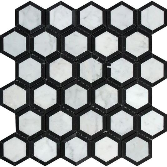 Carrara White Hexagon 2" Vortex with Black Mosaic