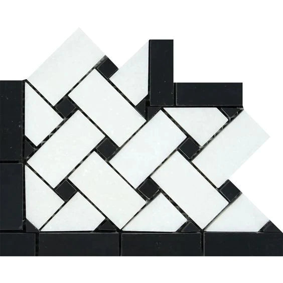 Thassos Basketweave with Black Corner Border